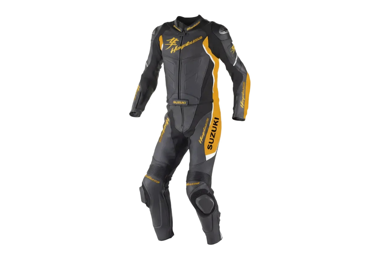 Suzuki Hayabusa two-piece leather racing suit in black and golden with kanji logos and integrated armor.