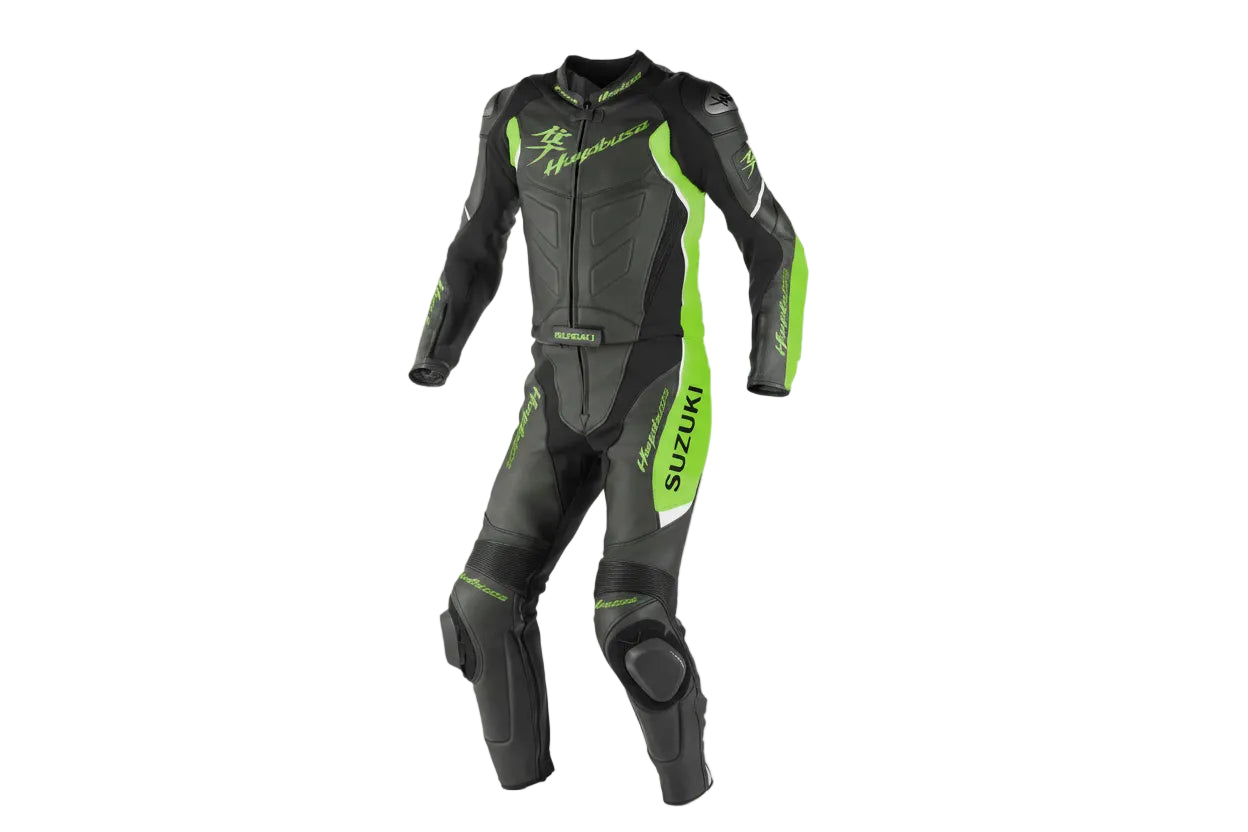 Suzuki Hayabusa professional one-piece leather racing suit in black and neon green with integrated armor.