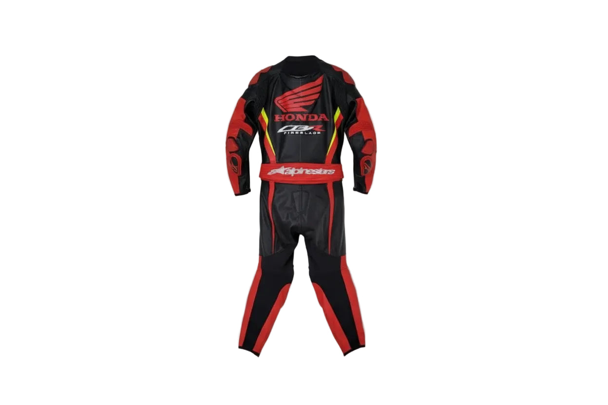 Professional Honda track gear featuring an aggressive asymmetrical tri-color factory livery and aerodynamic protective sliders.