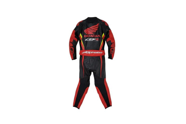 Professional Honda track gear featuring an aggressive asymmetrical tri-color factory livery and aerodynamic protective sliders.