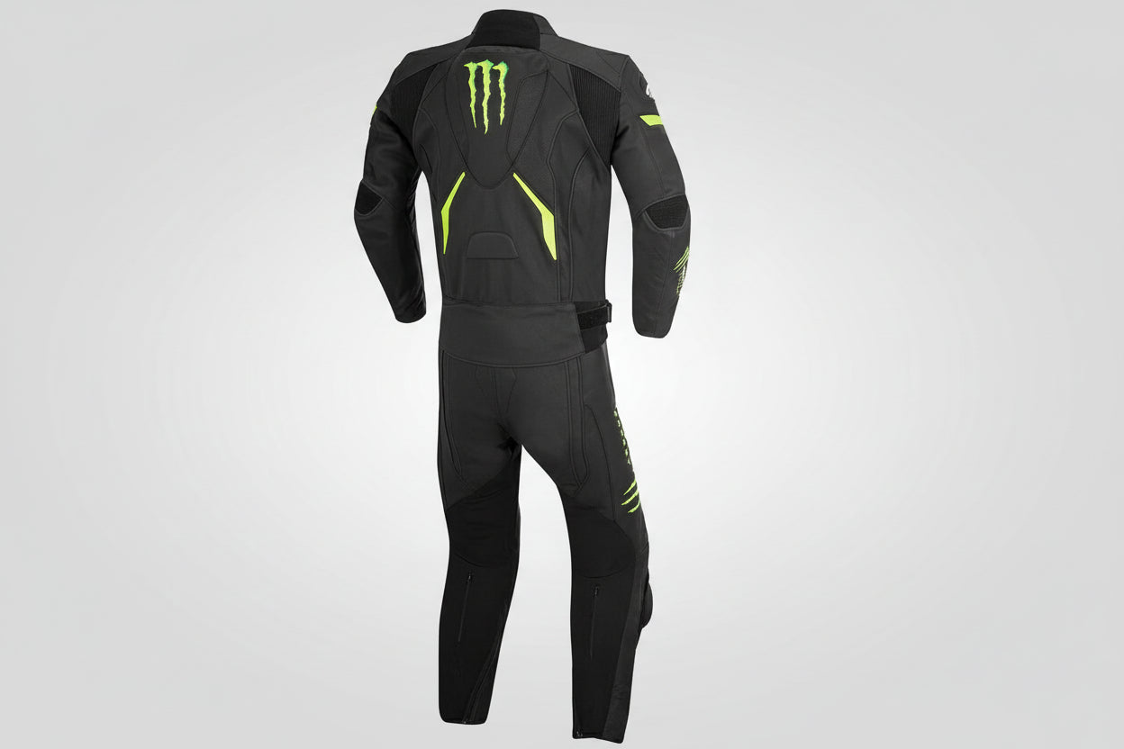 Detailed view of the Monster Energy claw logo, accordion stretch panels, and black knee sliders on a track suit.