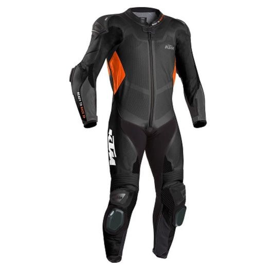 KTM professional one-piece leather racing suit in black and orange with 'Ready to Race' branding.