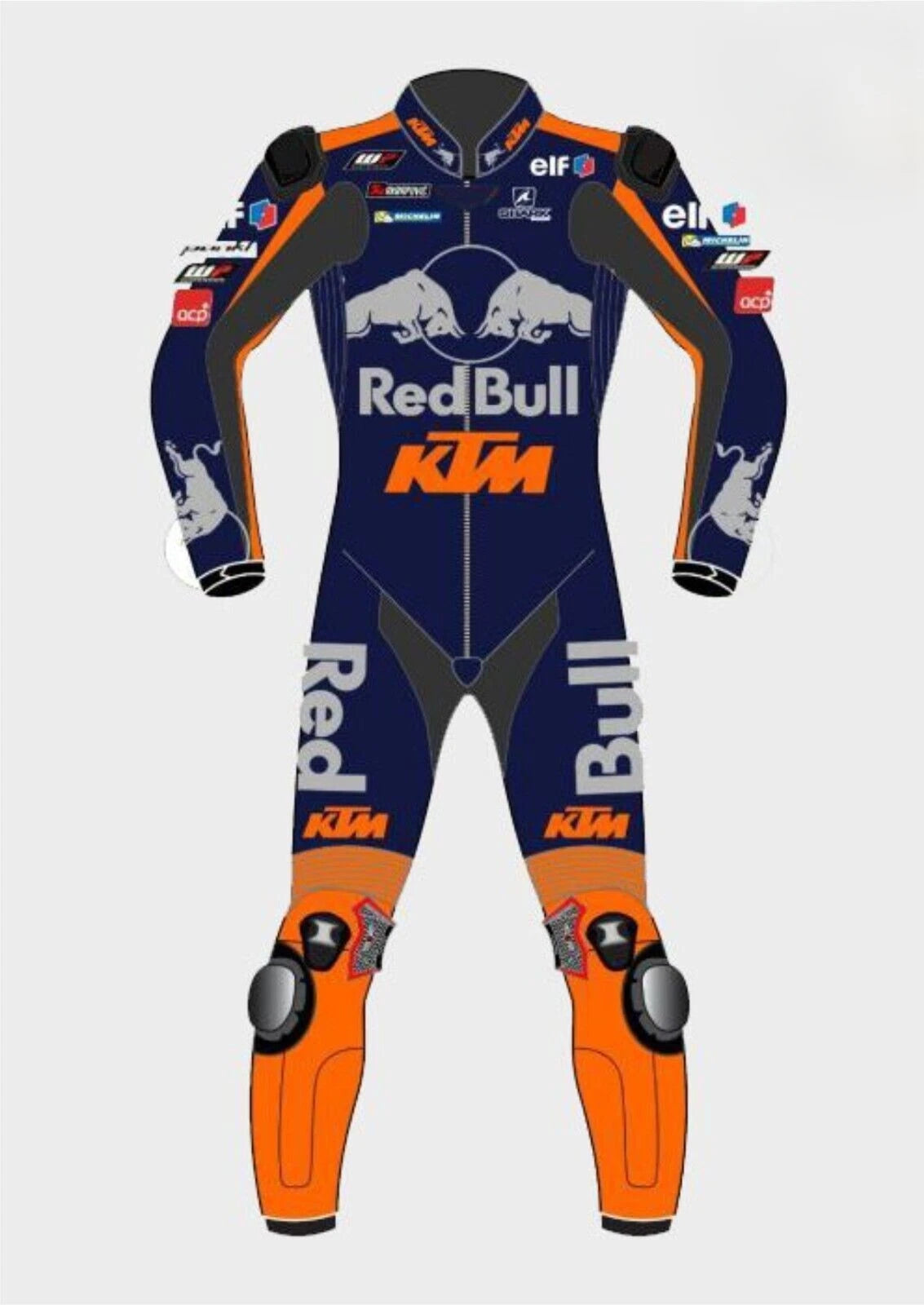 Detailed view of the KTM Red Bull chest branding, Akrapovič logo, and professional track sliders on a replica suit.