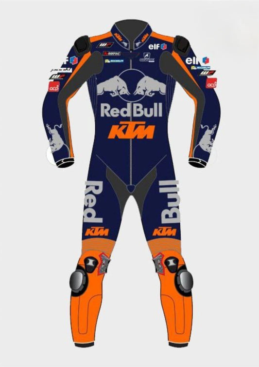Detailed view of the KTM Red Bull chest branding, Akrapovič logo, and professional track sliders on a replica suit.