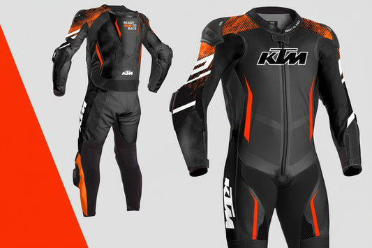 Close-up of KTM professional track suit featuring perforated leather, external shoulder sliders, and aerodynamic hump.