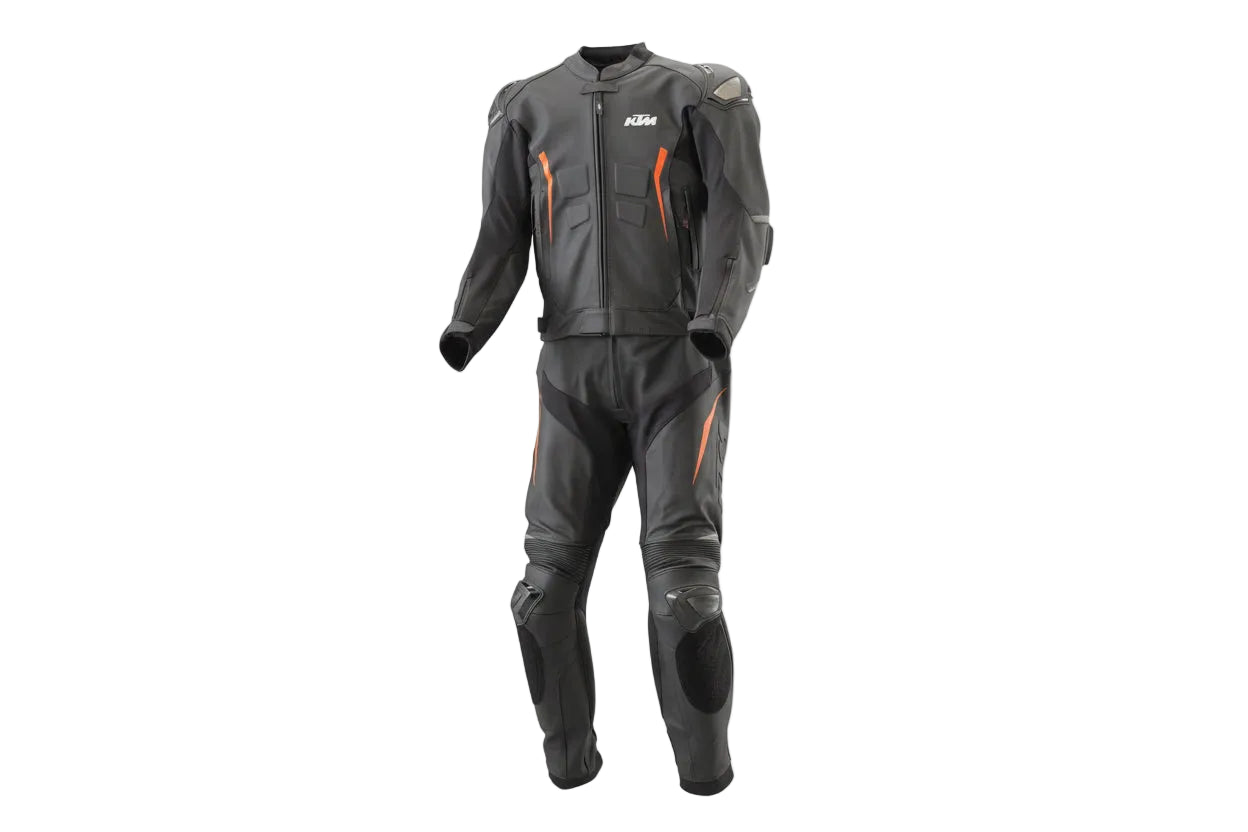 KTM professional two-piece leather racing suit in stealth black and orange with integrated armor.