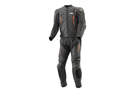 KTM professional two-piece leather racing suit in stealth black and orange with integrated armor.