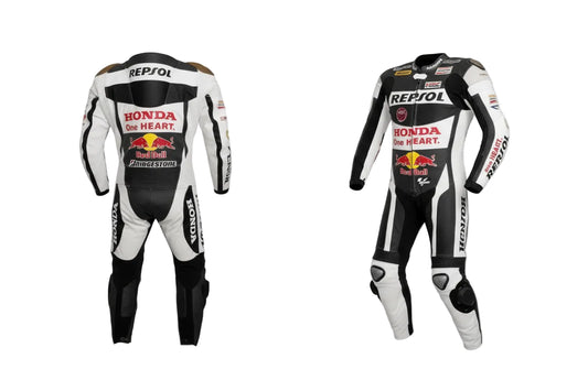 Repsol Honda one-piece leather racing suit in black and white with full MotoGP sponsor livery.
