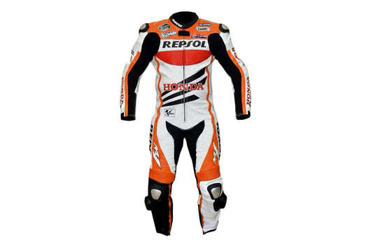 Repsol Honda MotoGP professional one-piece leather racing suit in white and orange black with track armor.