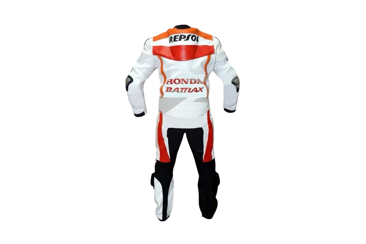 Detailed view of the Repsol Honda back branding, battlax logo, and Steiner alloy external sliders on a premium track suit