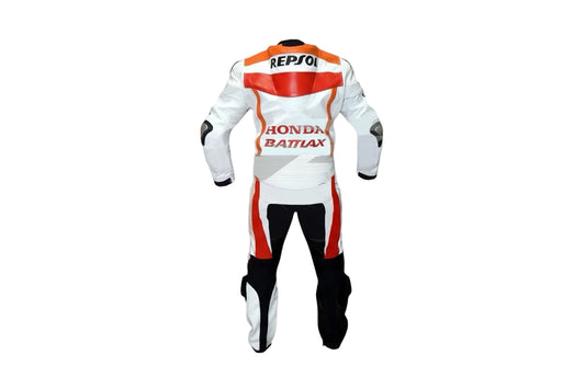 Detailed view of the Repsol Honda back branding, battlax logo, and Steiner alloy external sliders on a premium track suit