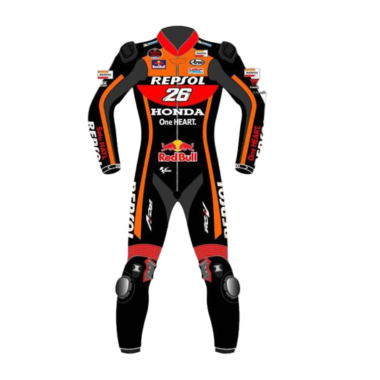 Honda Repsol one-piece leather racing suit in black, red, and orange with full MotoGP sponsor livery.