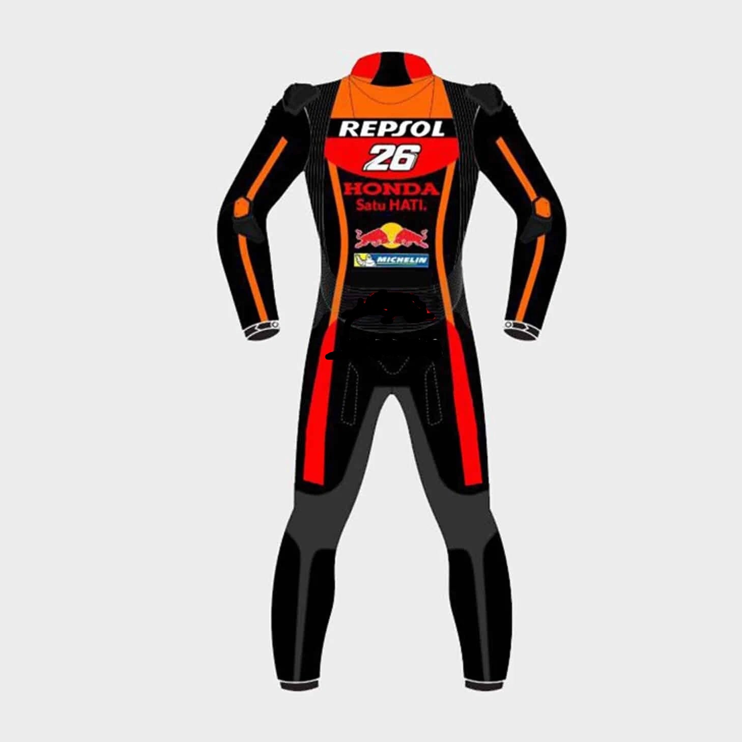 Detailed view of the Repsol Honda chest branding, sponsor logos, and professional track knee sliders on a replica suit.