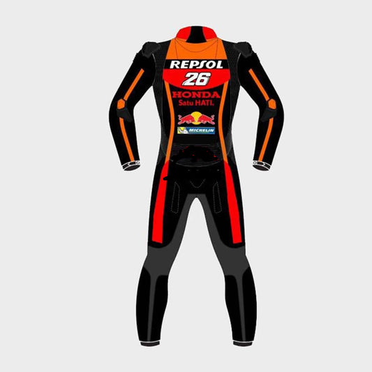 Detailed view of the Repsol Honda chest branding, sponsor logos, and professional track knee sliders on a replica suit.