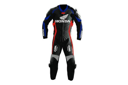 Honda professional one-piece leather racing suit in black, red, and blue with CE armor.