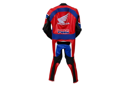 Detailed view of the Honda chest branding, HRC logo, and professional track knee sliders on a replica suit.