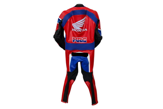 Detailed view of the Honda chest branding, HRC logo, and professional track knee sliders on a replica suit.
