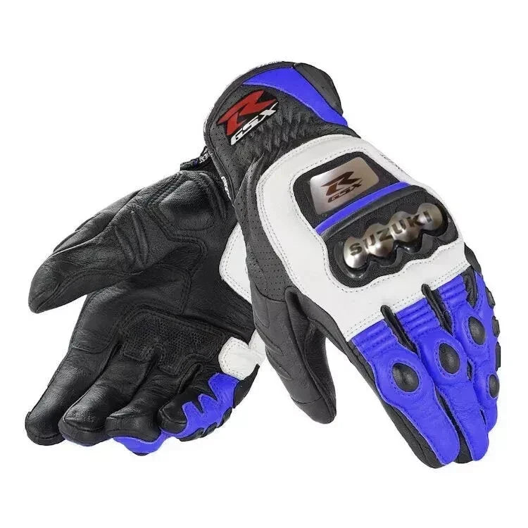 Suzuki GSX-R leather motorcycle racing gloves in blue, white, and black with articulated knuckle armor.