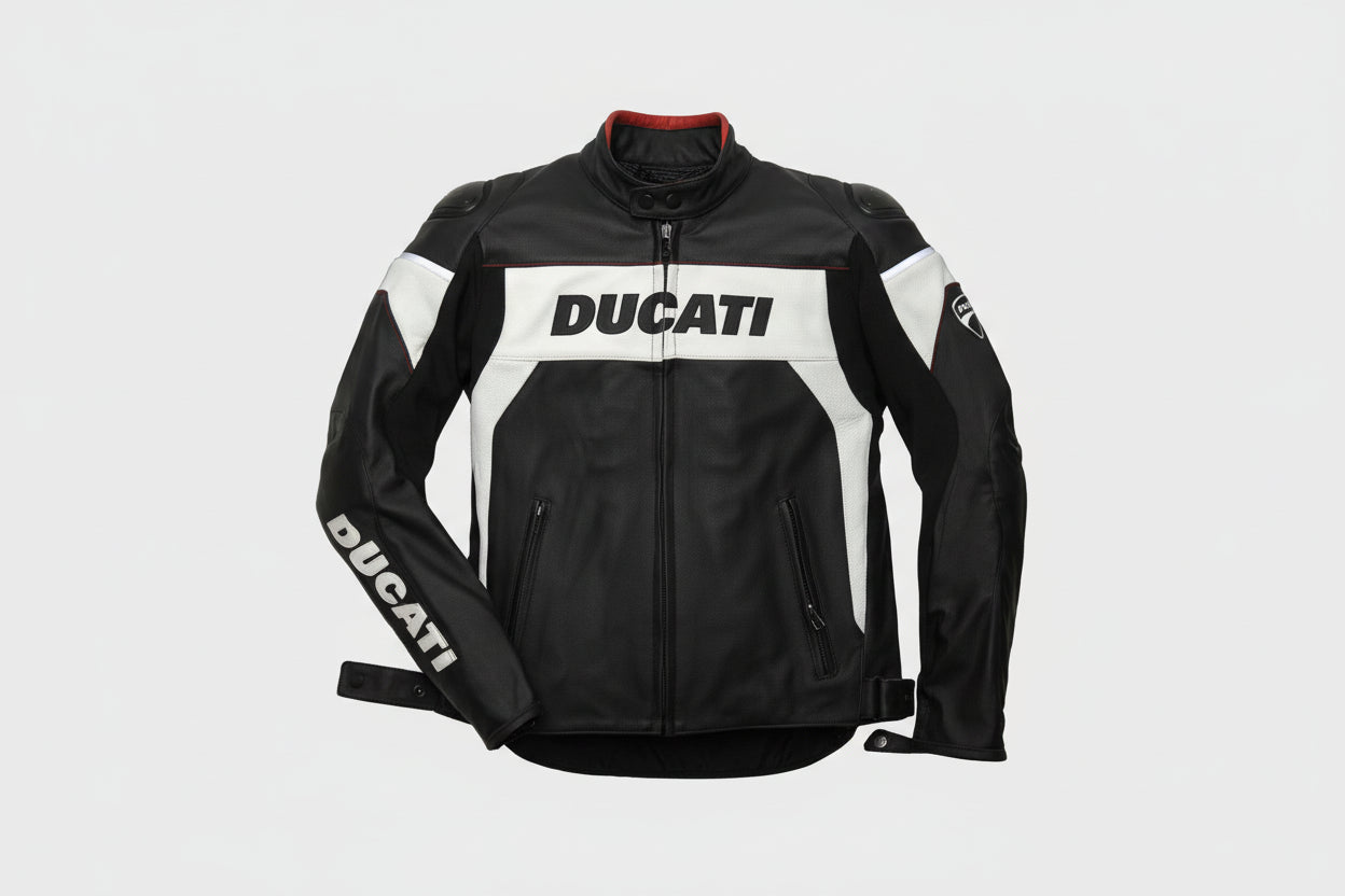 Ducati Corse black and white leather motorcycle racing jacket