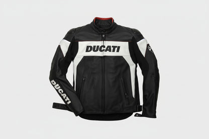 Ducati Corse black and white leather motorcycle racing jacket