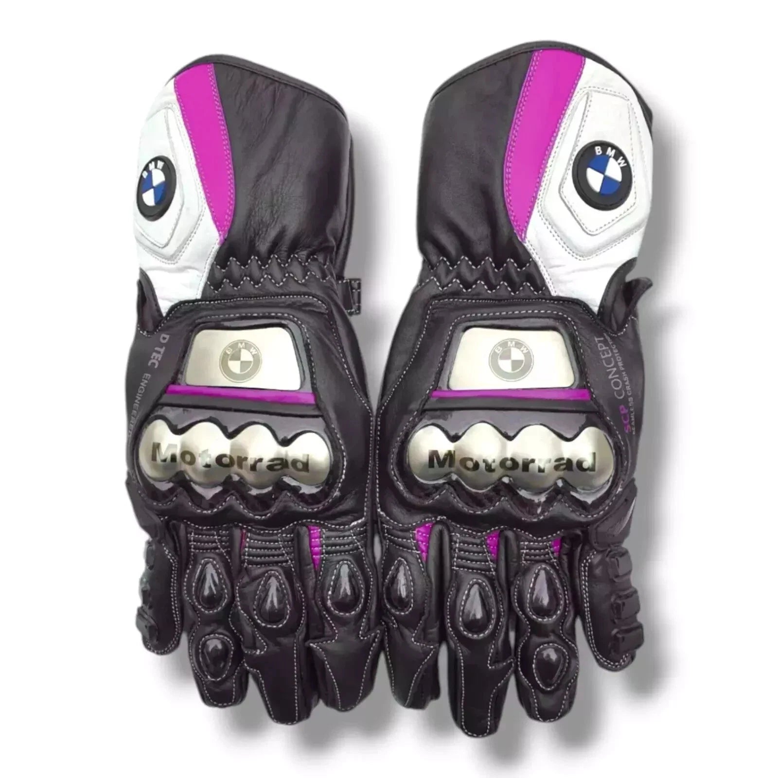 BMW Motorrad leather motorcycle racing gloves in black and purple with metallic knuckle armor.