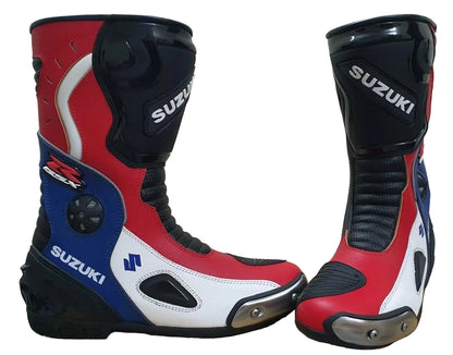 Suzuki GSX-R leather motorcycle racing boots.
