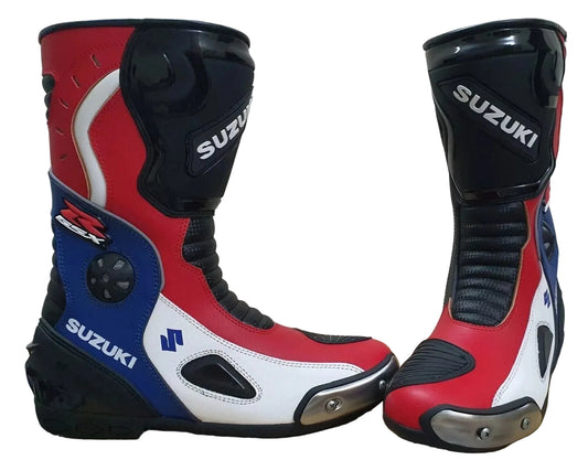 Suzuki GSX-R leather motorcycle racing boots.