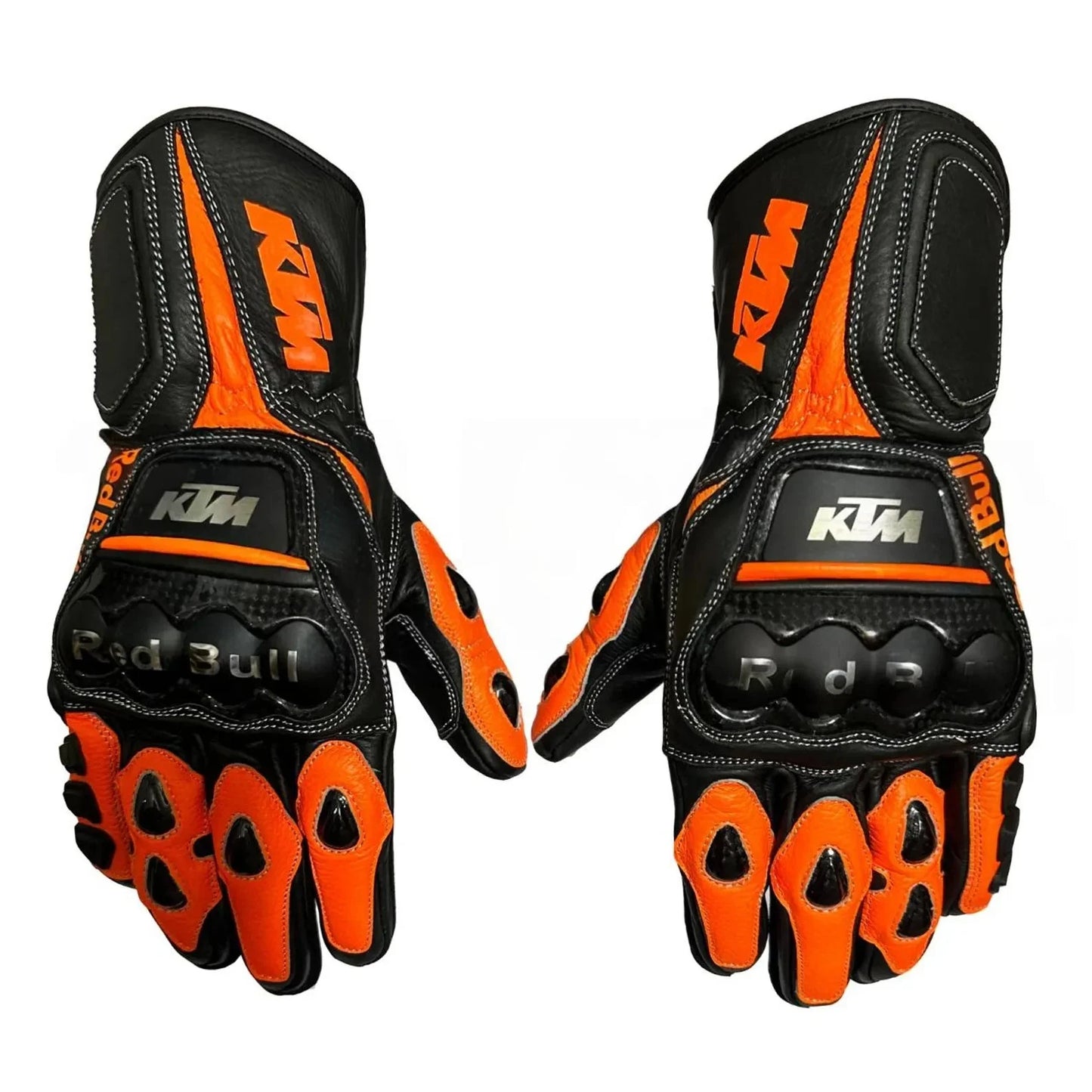 KTM Red Bull factory racing leather motorcycle gloves in orange and black with carbon knuckle armor.