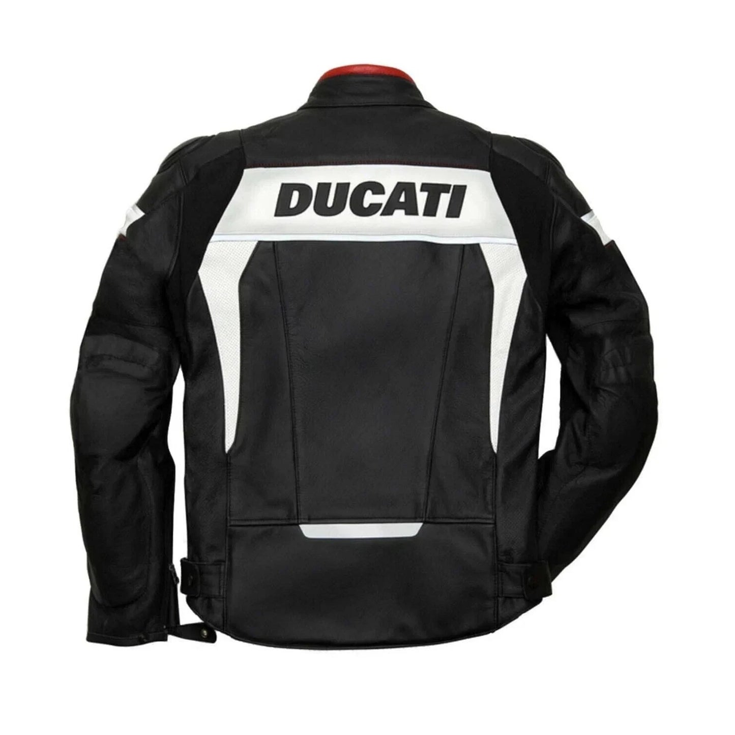 Detailed view of the white Ducati chest branding, forearm wordmarks, and external hard-shell shoulder sliders on a black racing jacket.