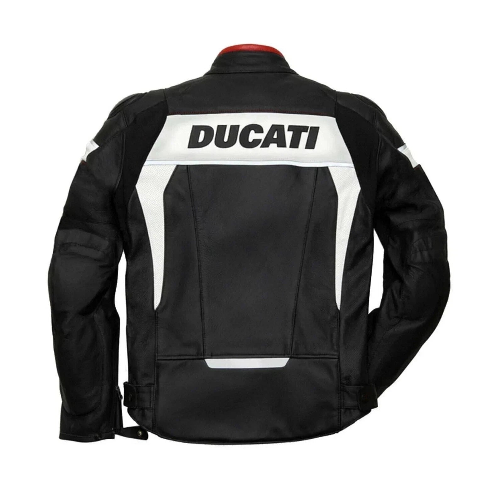 Detailed view of the white Ducati chest branding, forearm wordmarks, and external hard-shell shoulder sliders on a black racing jacket.