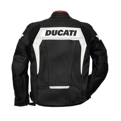 Detailed view of the white Ducati chest branding, forearm wordmarks, and external hard-shell shoulder sliders on a black racing jacket.