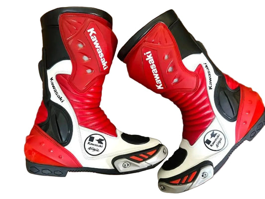 Kawasaki Ninja leather motorcycle racing boots.