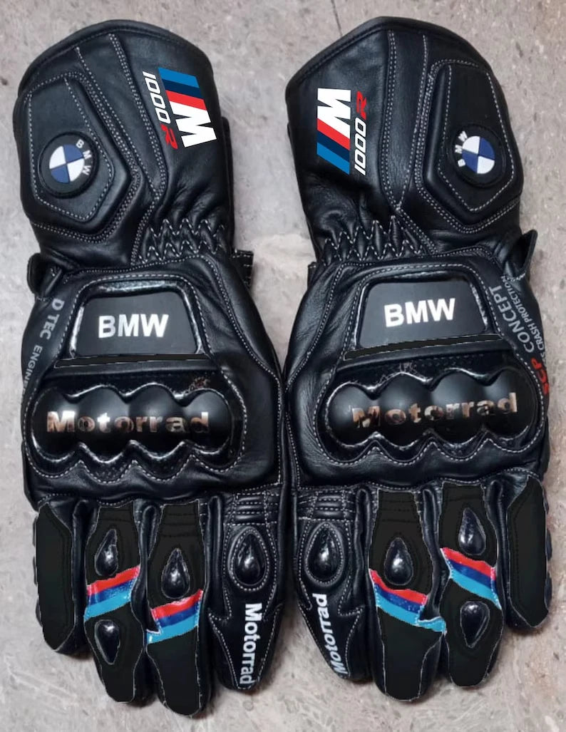BMW Motorrad M 1000 RR leather motorcycle racing gloves in black with M-Sport tricolor stripes.