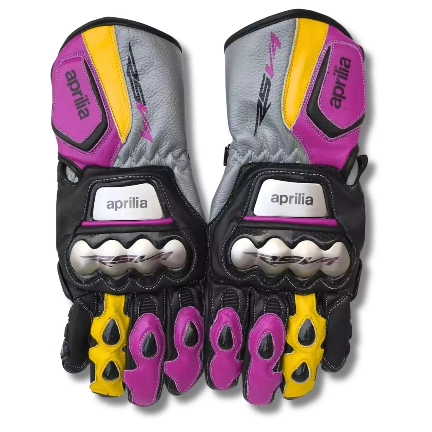 Aprilia RSV4 leather motorcycle racing gloves in purple, yellow, and grey with metallic knuckle armor.