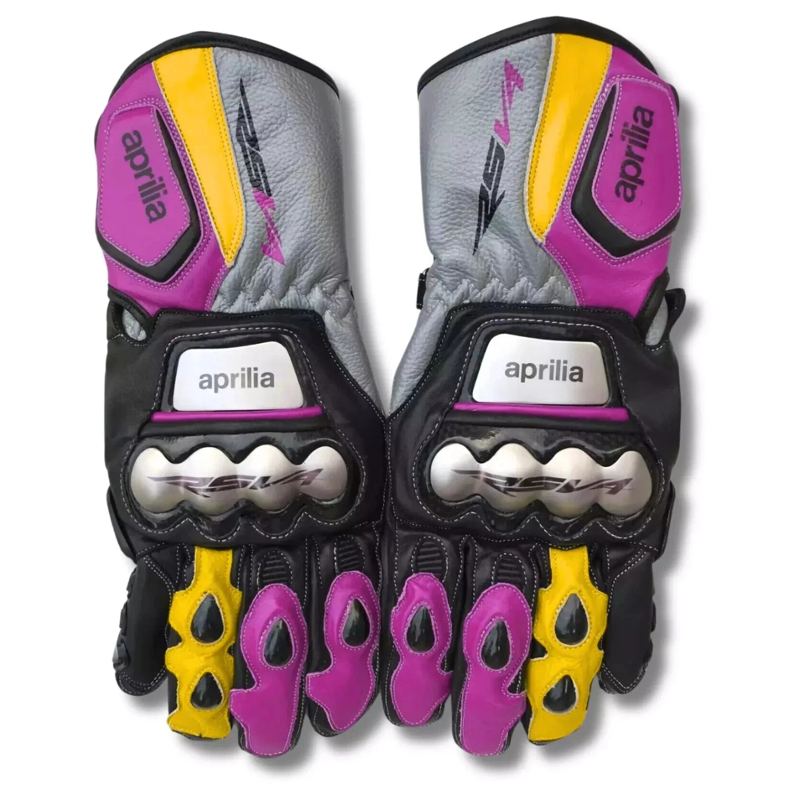 Aprilia RSV4 leather motorcycle racing gloves in purple, yellow, and grey with metallic knuckle armor.