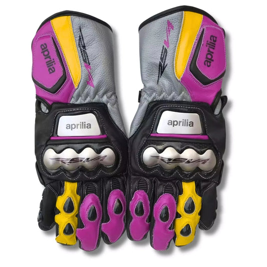 Aprilia RSV4 leather motorcycle racing gloves in purple, yellow, and grey with metallic knuckle armor.