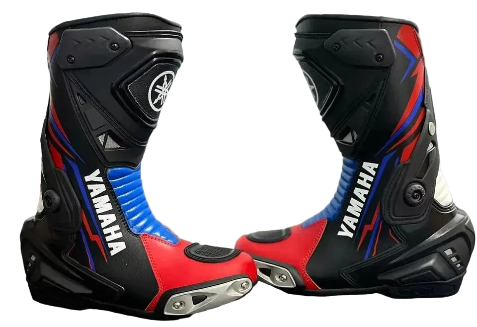 Yamaha blue and black leather motorcycle racing boots.