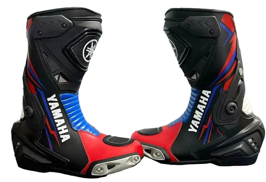 Yamaha blue and black leather motorcycle racing boots.