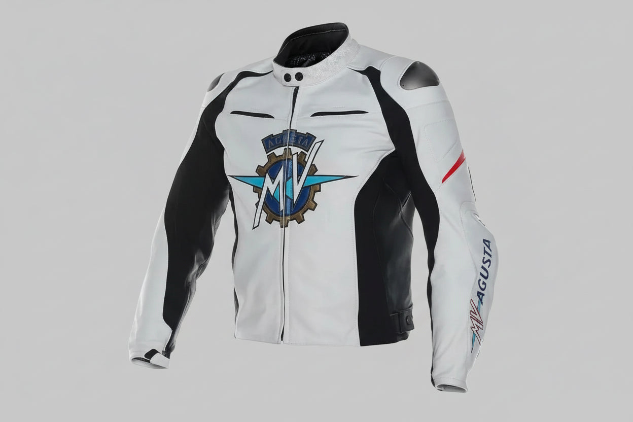 MV Agusta white and black leather motorcycle racing jacket with heritage logo and integrated armor.