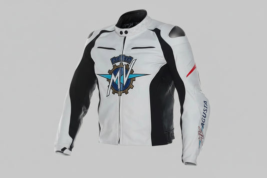 MV Agusta white and black leather motorcycle racing jacket with heritage logo and integrated armor.