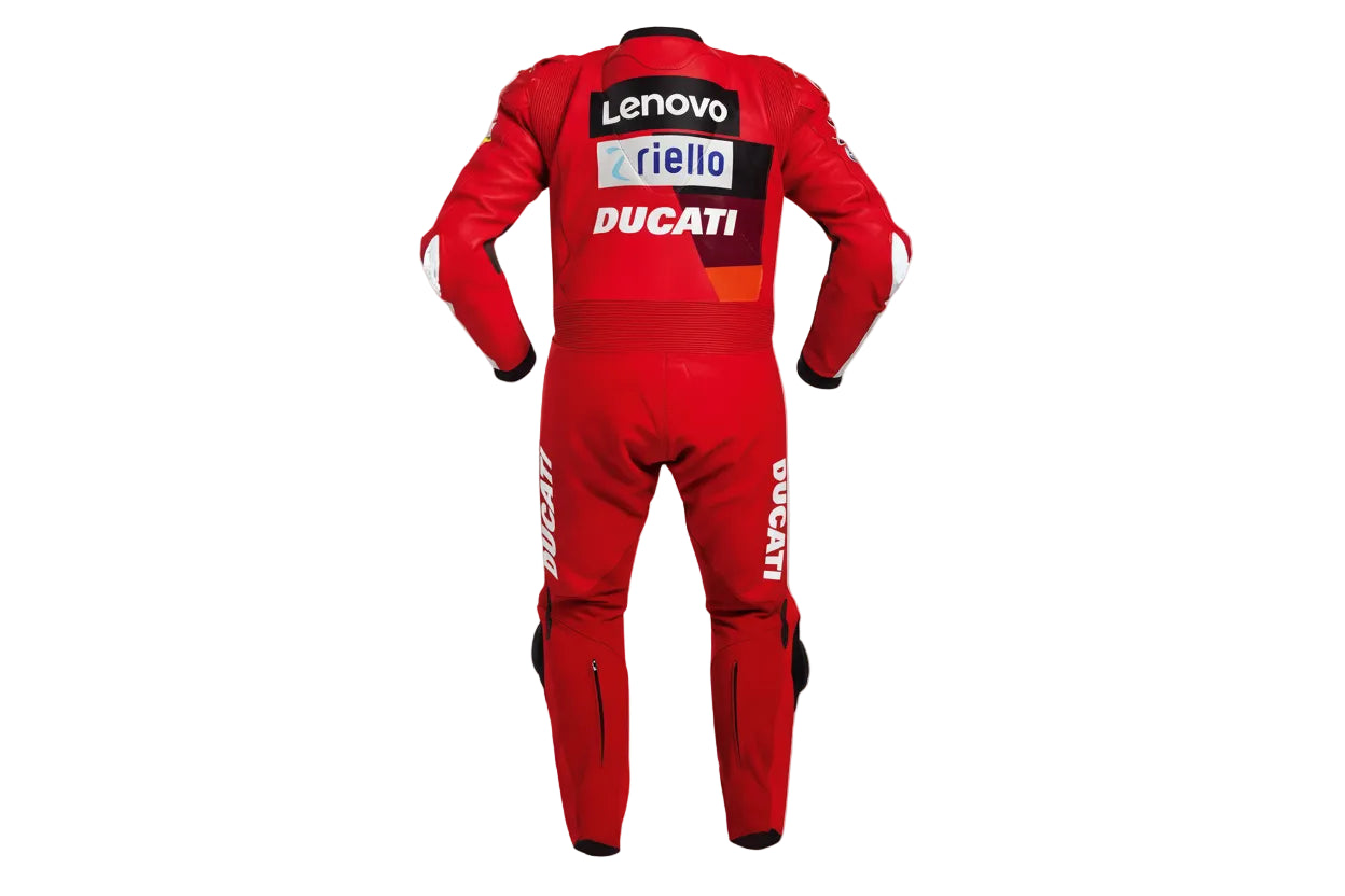 Professional one-piece Ducati track suit featuring the iconic red factory livery and high-performance knee sliders.