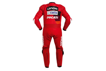 Professional one-piece Ducati track suit featuring the iconic red factory livery and high-performance knee sliders.