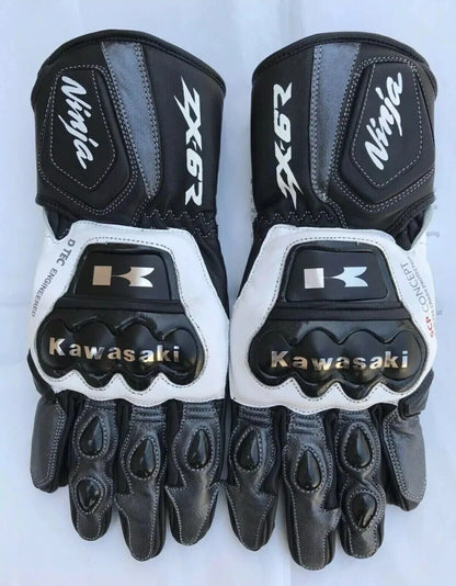 Kawasaki Ninja ZX-6R leather motorcycle racing gloves in black, white, and grey with articulated armor.