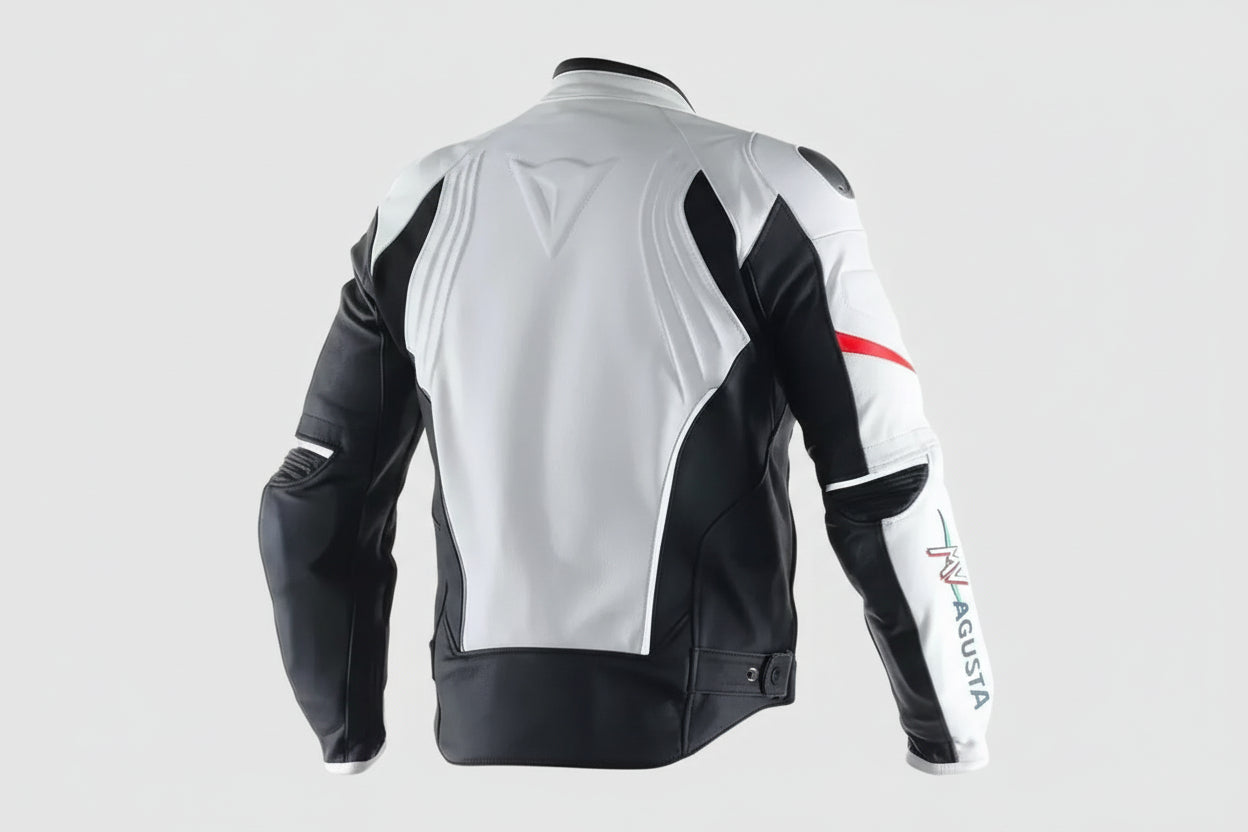 Detailed view of the MV Agusta chest logo, white leather chassis, and external hard-shell shoulder sliders on a professional racing jacket.