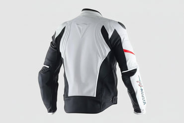 Detailed view of the MV Agusta chest logo, white leather chassis, and external hard-shell shoulder sliders on a professional racing jacket.