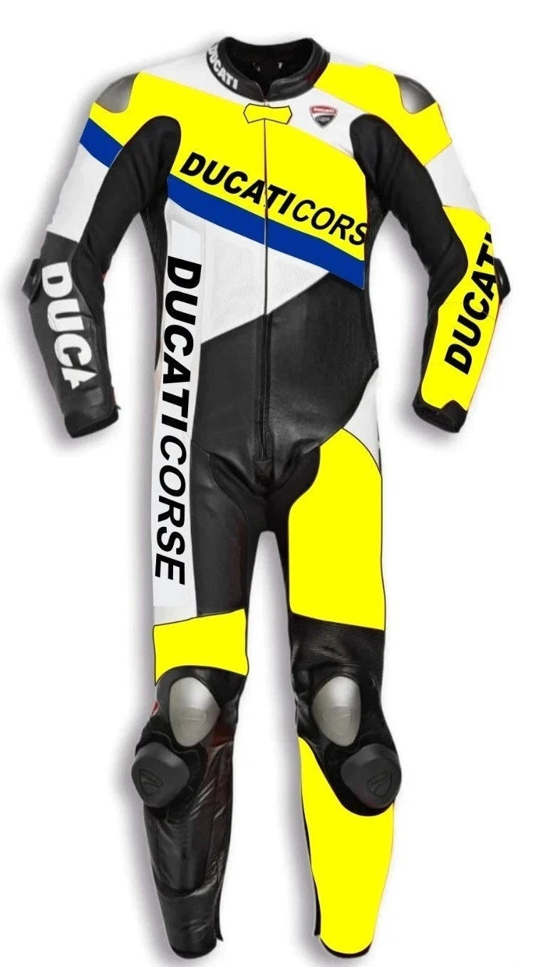 Ducati Corse yellow, white, and black one-piece leather motorcycle racing suit with professional branding and integrated armor.