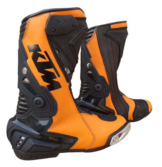 KTM factory orange and black leather motorcycle racing boots.