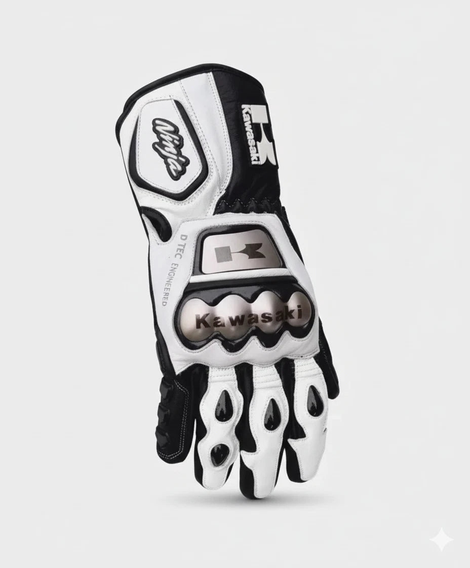 Kawasaki Ninja leather motorcycle racing gloves in white and black with metallic knuckle armor.