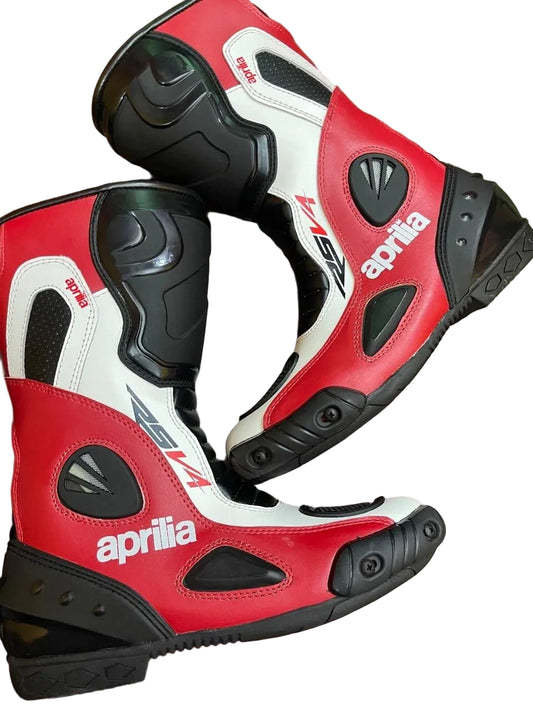 Aprilia RSV4 leather motorcycle racing boots.
