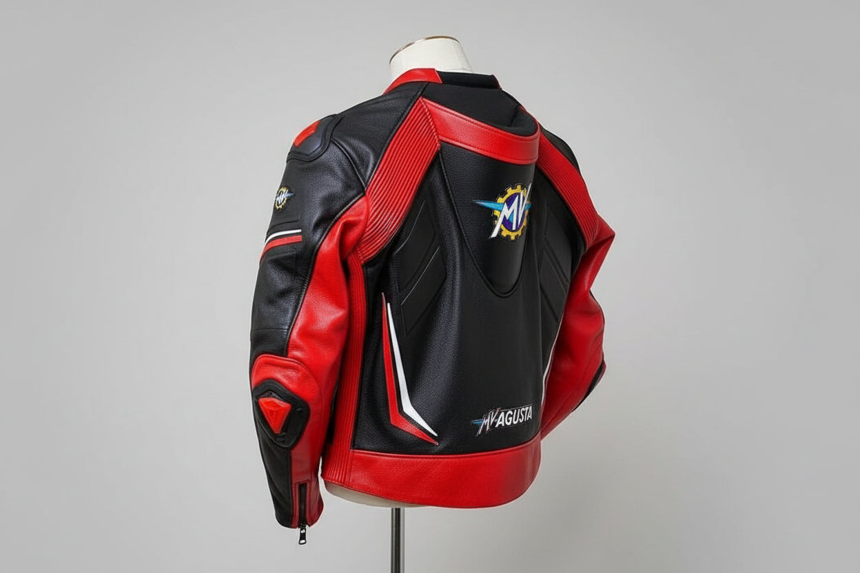 Detailed view of the MV Agusta chest logo, red racing sleeves, and external hard-shell shoulder sliders on a professional racing jacket.